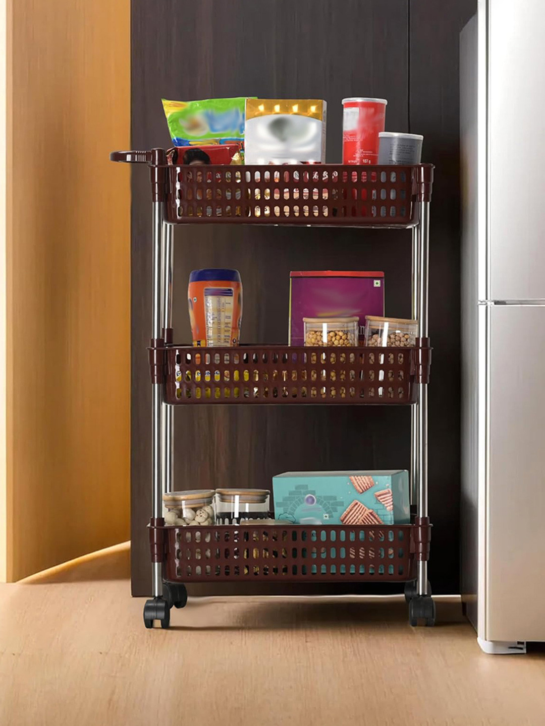 Aura Brown & Steel 3-Layer Storage Revolving Rack with Wheels