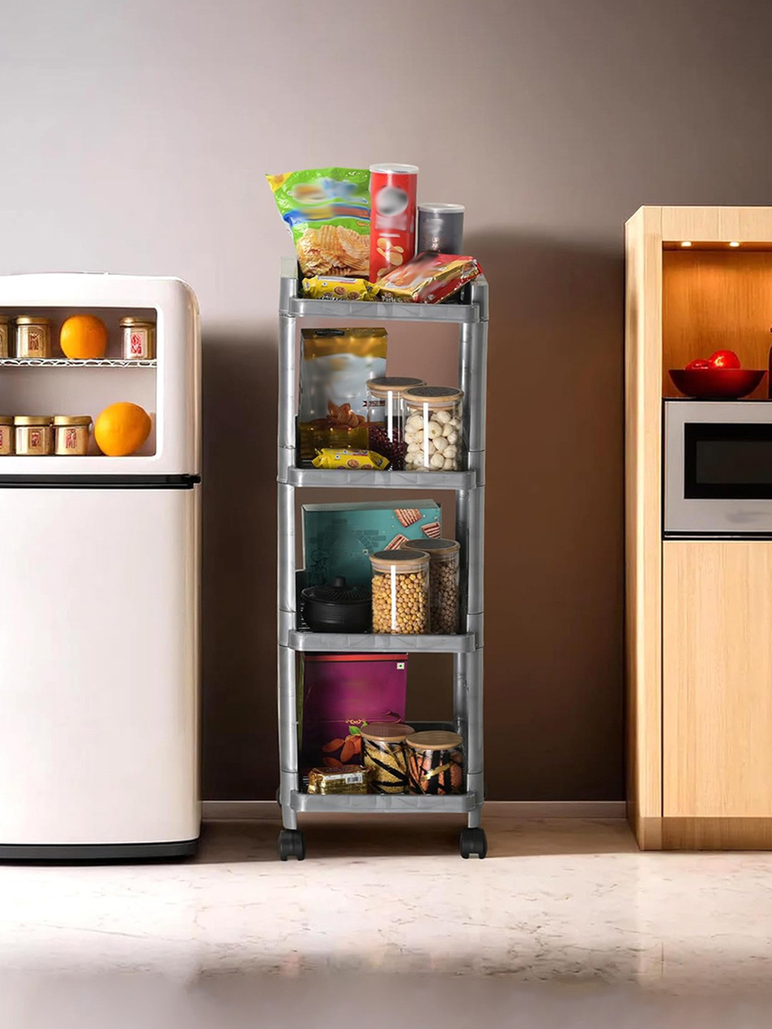 Aura Grey & Black 4-Layer Storage Trolley Rack With Wheels