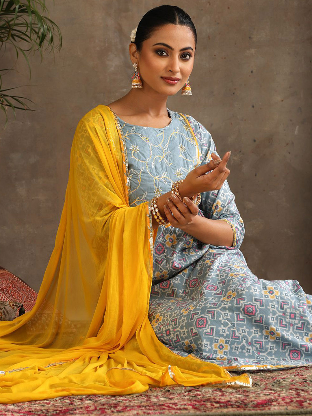 Khushal K Floral Printed Panelled Pure Cotton Anarkali Kurta With Palazzo & Dupatta