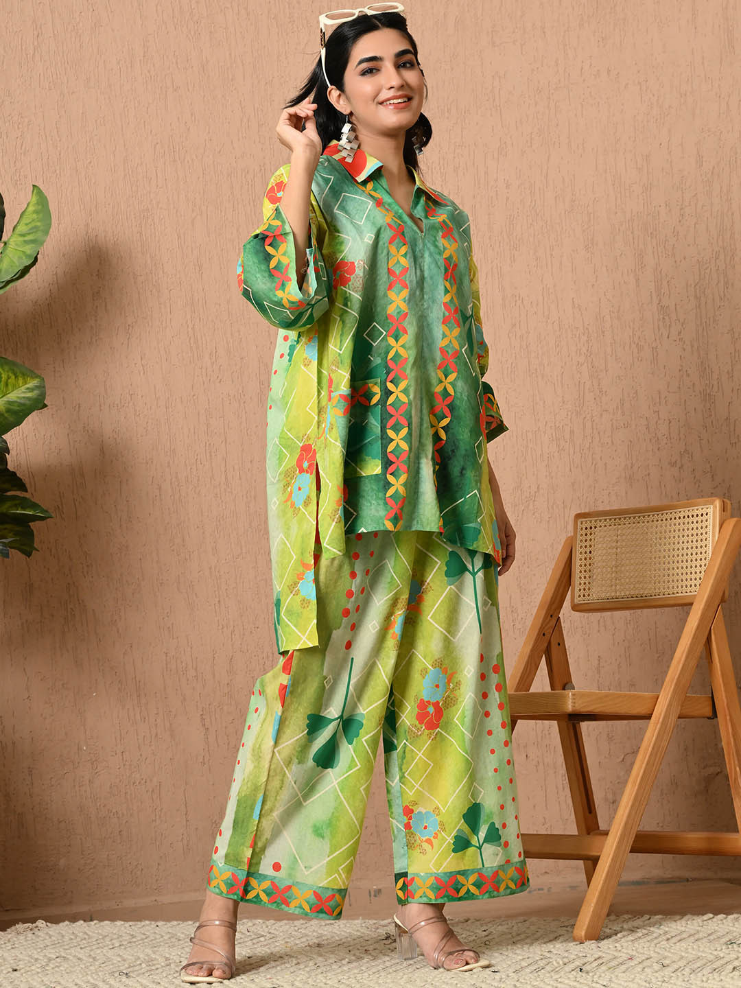 YELLOW PARROT Printed Top With Palazzo Co-Ords