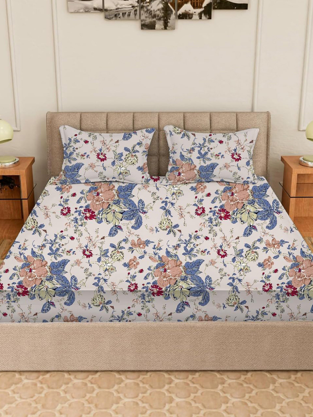 Trance Home Linen Pink Hearts Grey Floral Cotton 180 TC Fitted King Fine Bedsheet with 2 Pillow Covers-78 x 72 inches