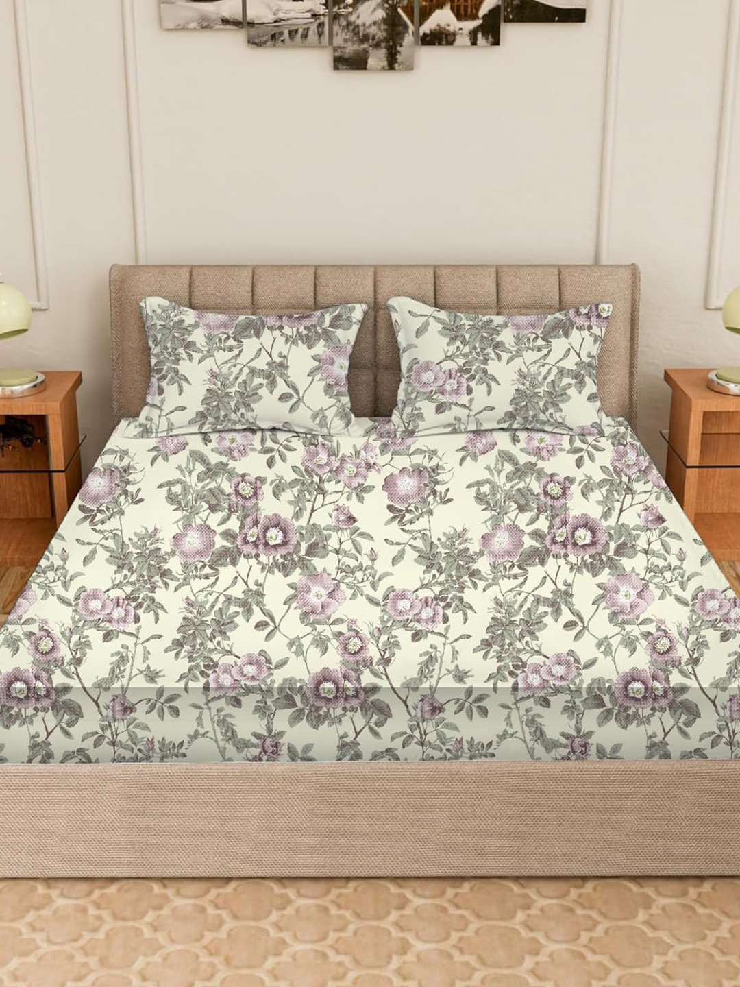 Trance Home Linen Lavender Floral Cotton Skin-Friendly 180 TC Fitted Single Fine Bedsheet with a Pillow Cover-54 x 89 inches