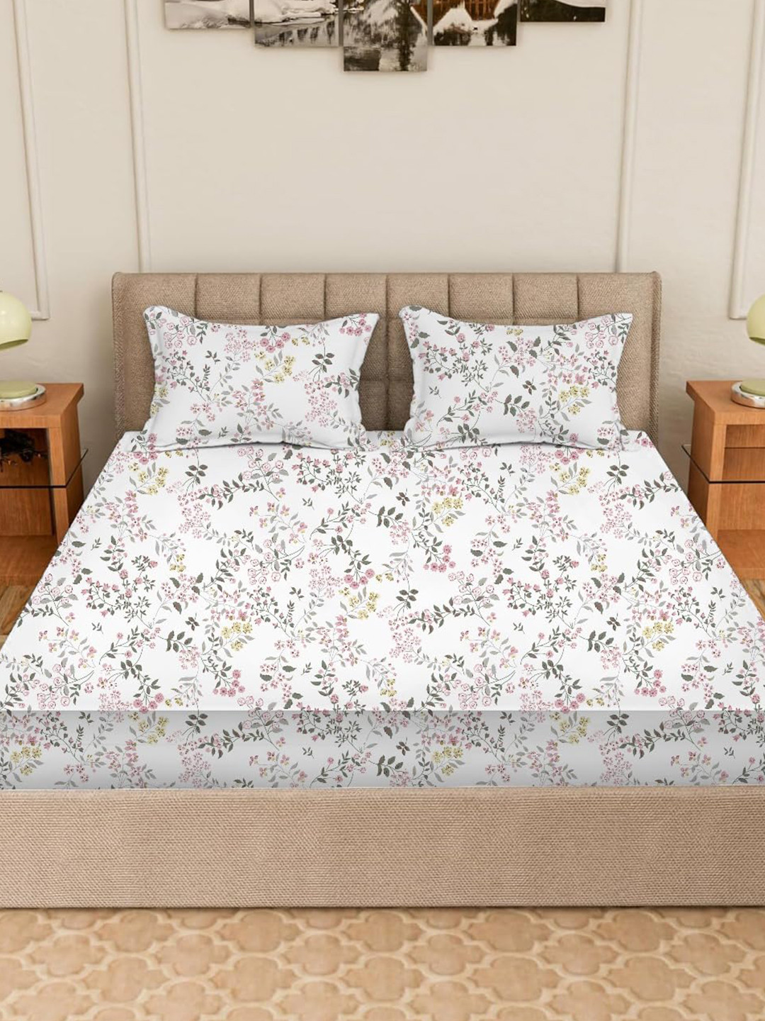 Trance Home Linen Premium Beige Floral Cotton Skin-Friendly 180 TC Fitted Double Fine Bedsheet with a Pillow Cover-78 x 36 inches
