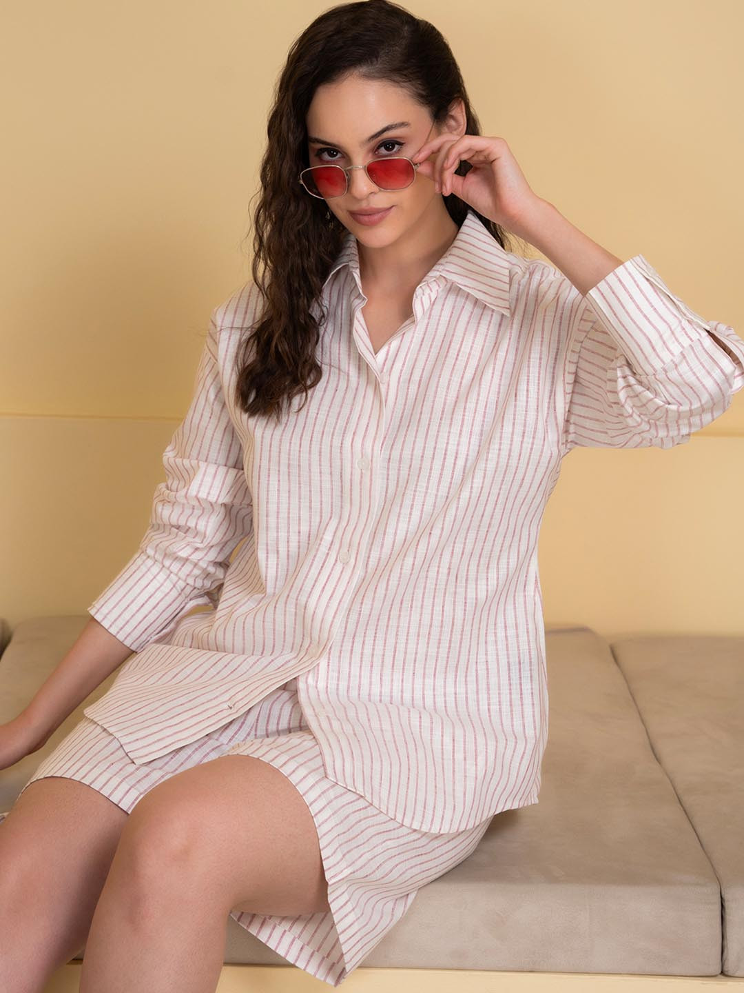 Lounge Dreams Striped Shirt Collar Linen Shirt With Shorts