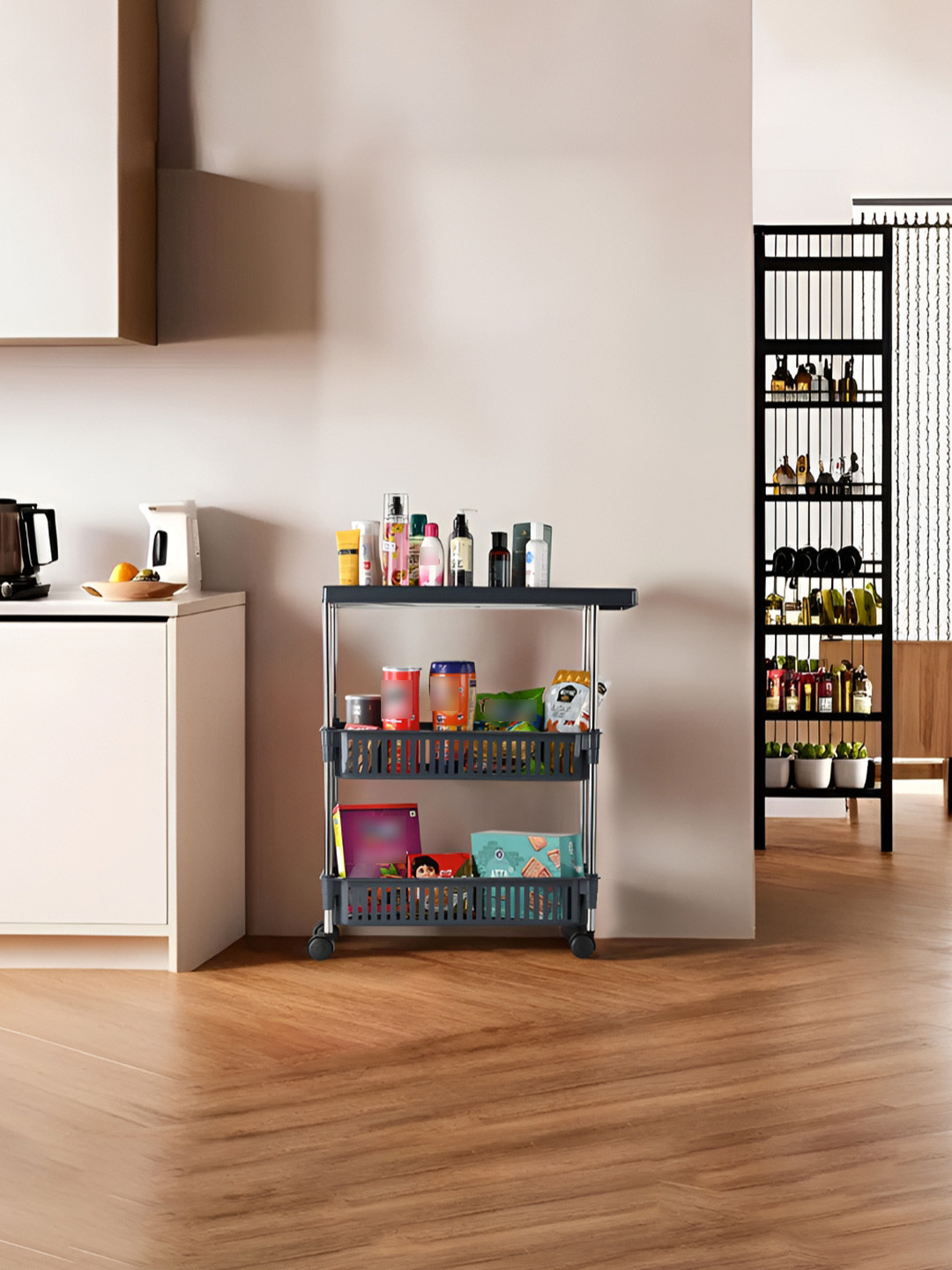 Myntra Elegant Homes Grey 3-Layer Rotating Storage Rack Trolley with Wheels