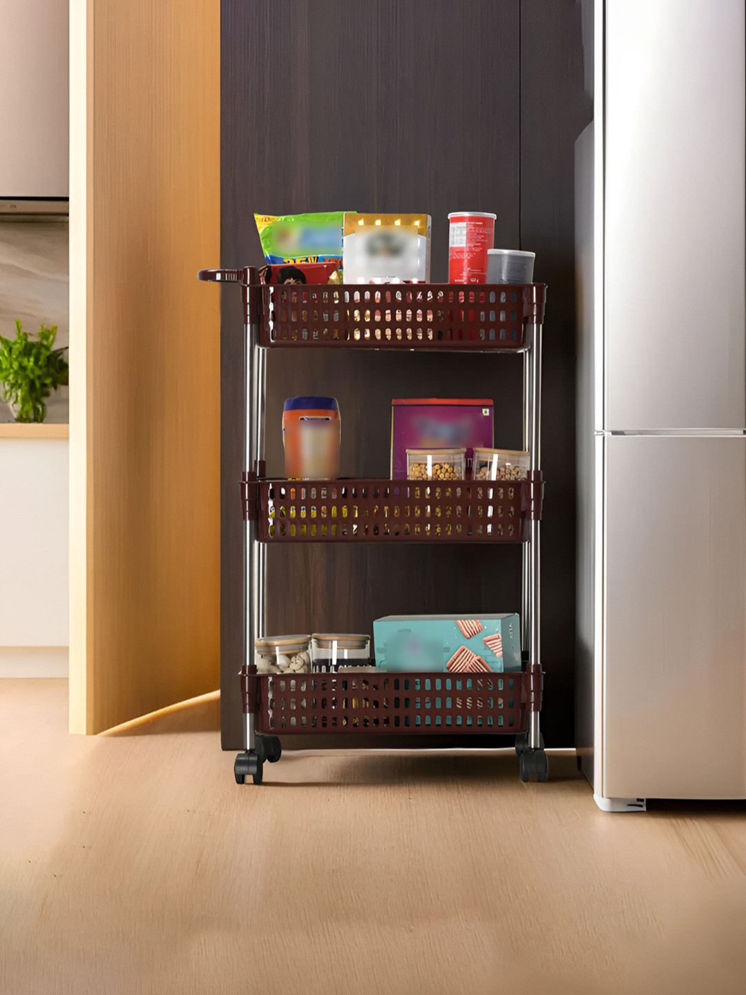 Myntra Elegant Homes Brown 3-Layer Revolving Multipurpose Storage Rack With Wheels