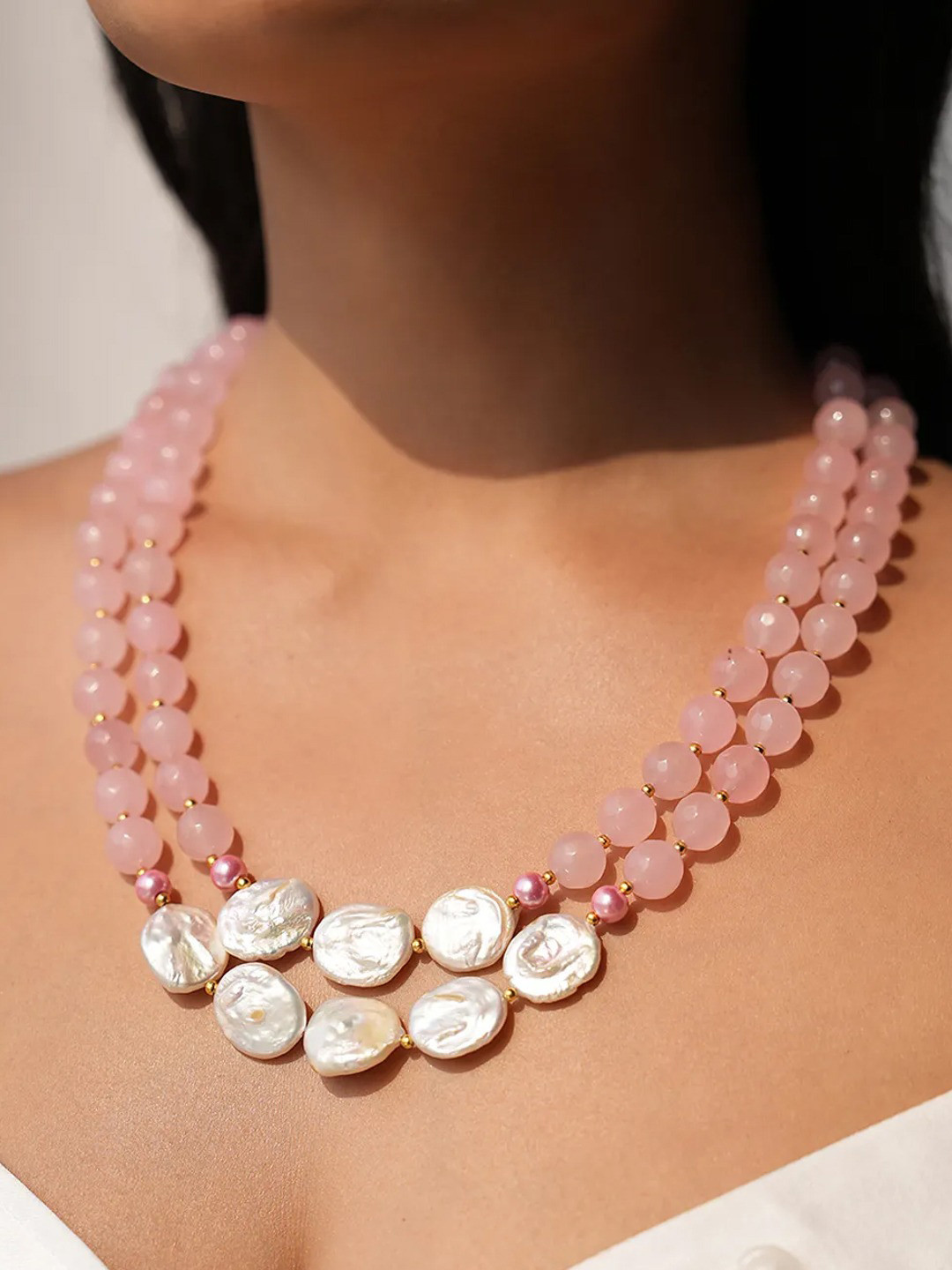 Binnis Wardrobe Quartz and Mother of Pearl Stones Studded Double-Layered Necklace