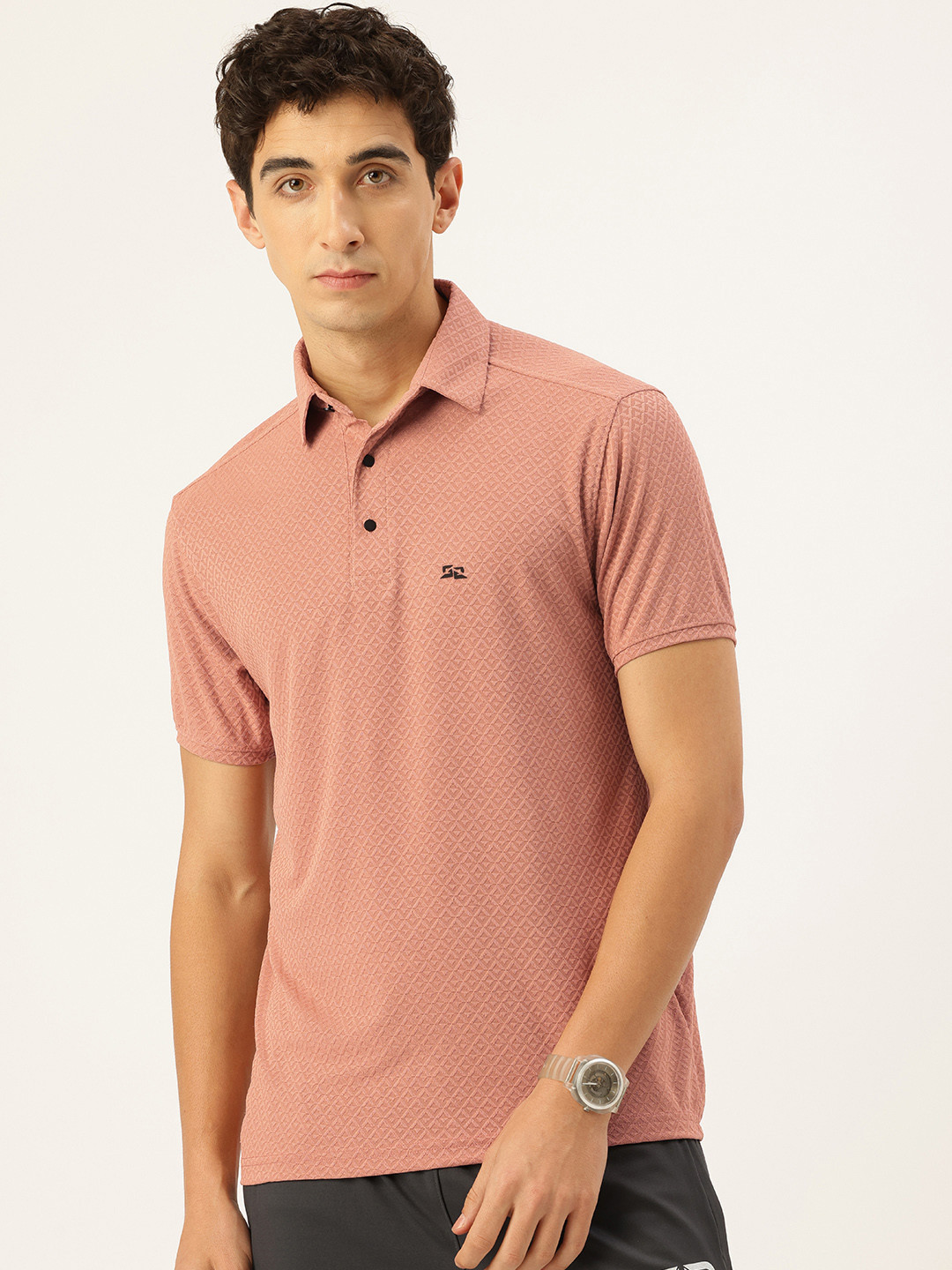 FIFTY TWO Geometric Self Design Polo Collar Dri-Fit T-shirt