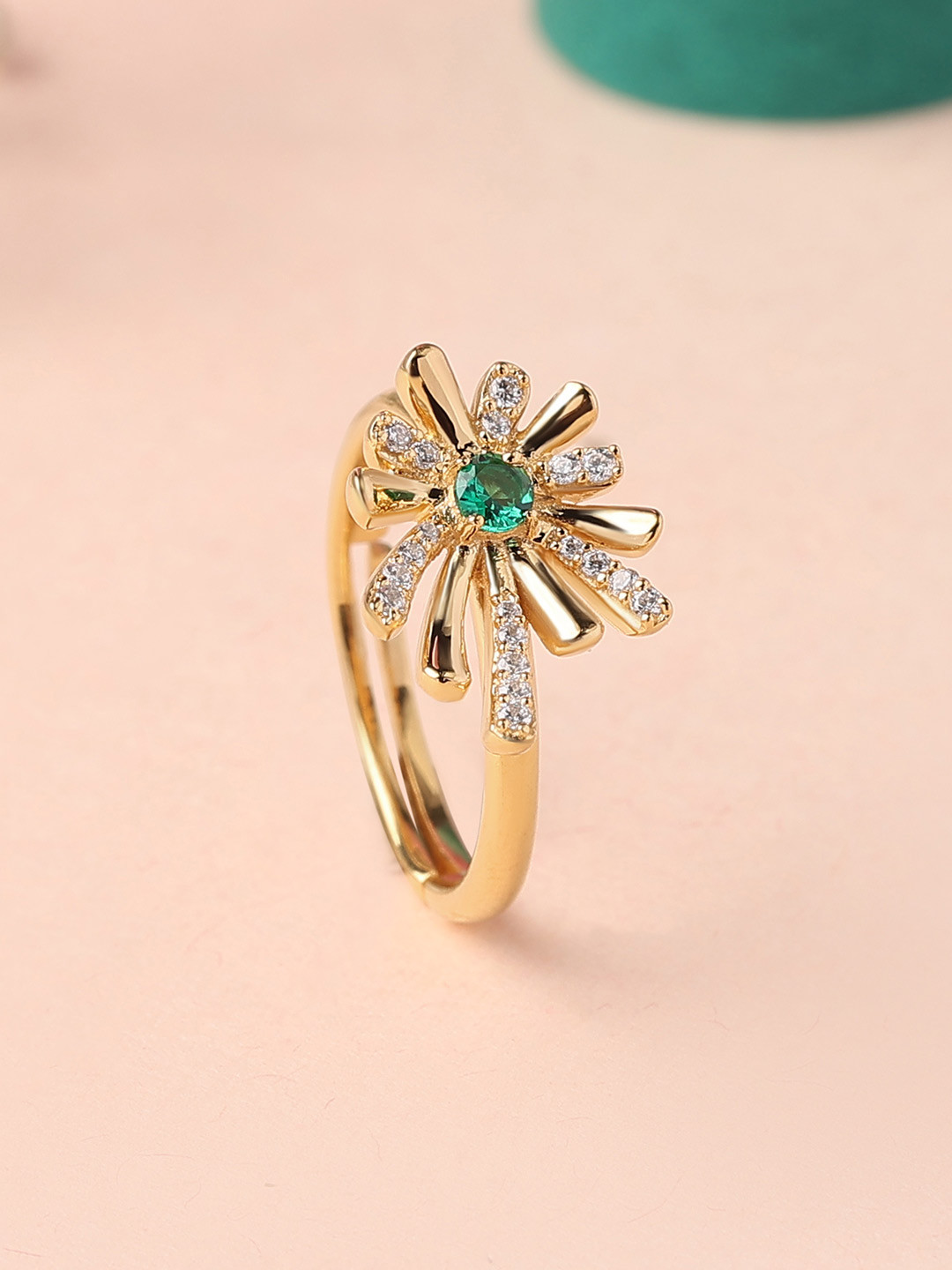 Ornate Jewels 925 Silver 18K Gold Plated Green Emerald Flower Adjustable Ring