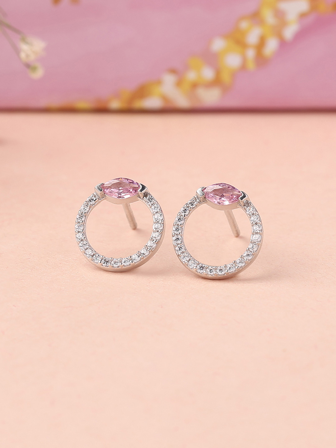 Ornate Jewels 925 Silver Pink American Diamond Pink Circle Stud Earring