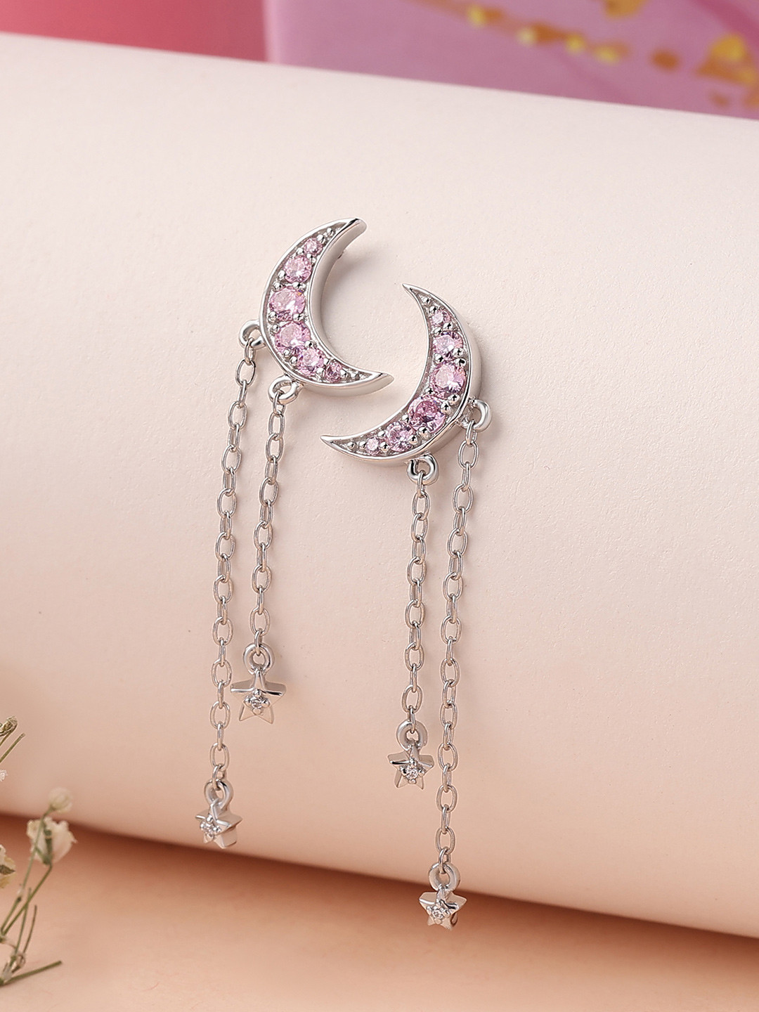 Ornate Jewels 925 Silver Pink American Diamond Moon And Star Dangle Earring