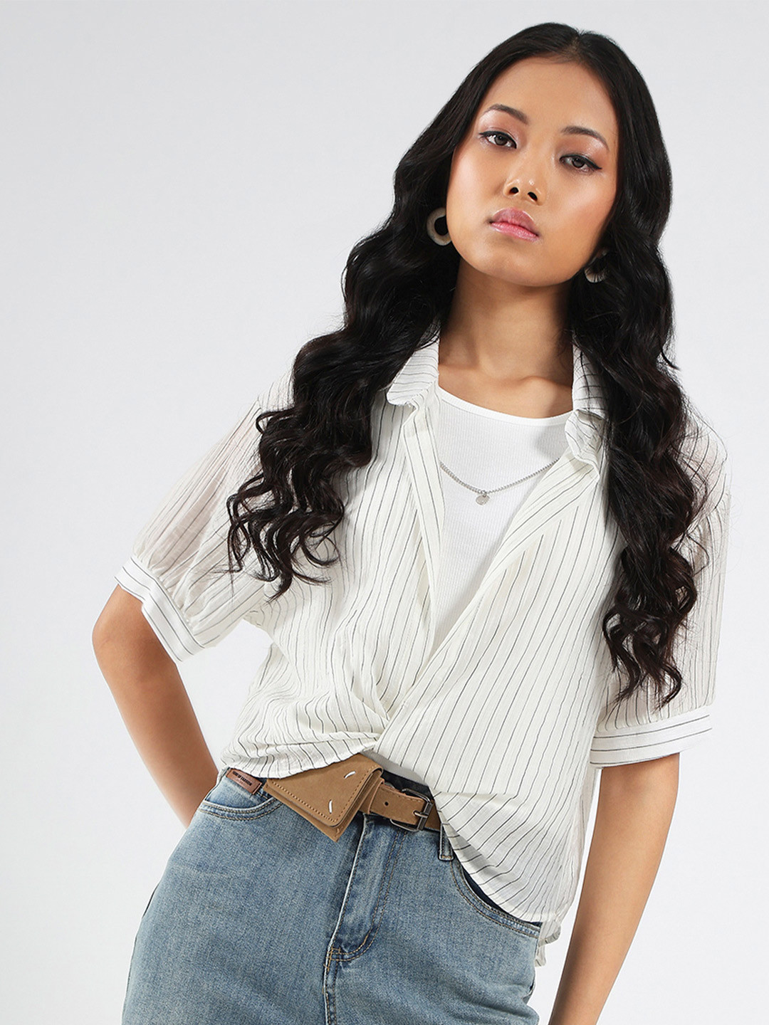 StyleCast X SERA Off white Striped Oversized Shirt with Necklace & Inner Tank Top