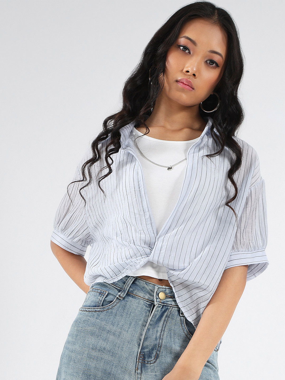 StyleCast X Sera Blue & White Striped Oversized Shirt Style Top with Inner Tank Top