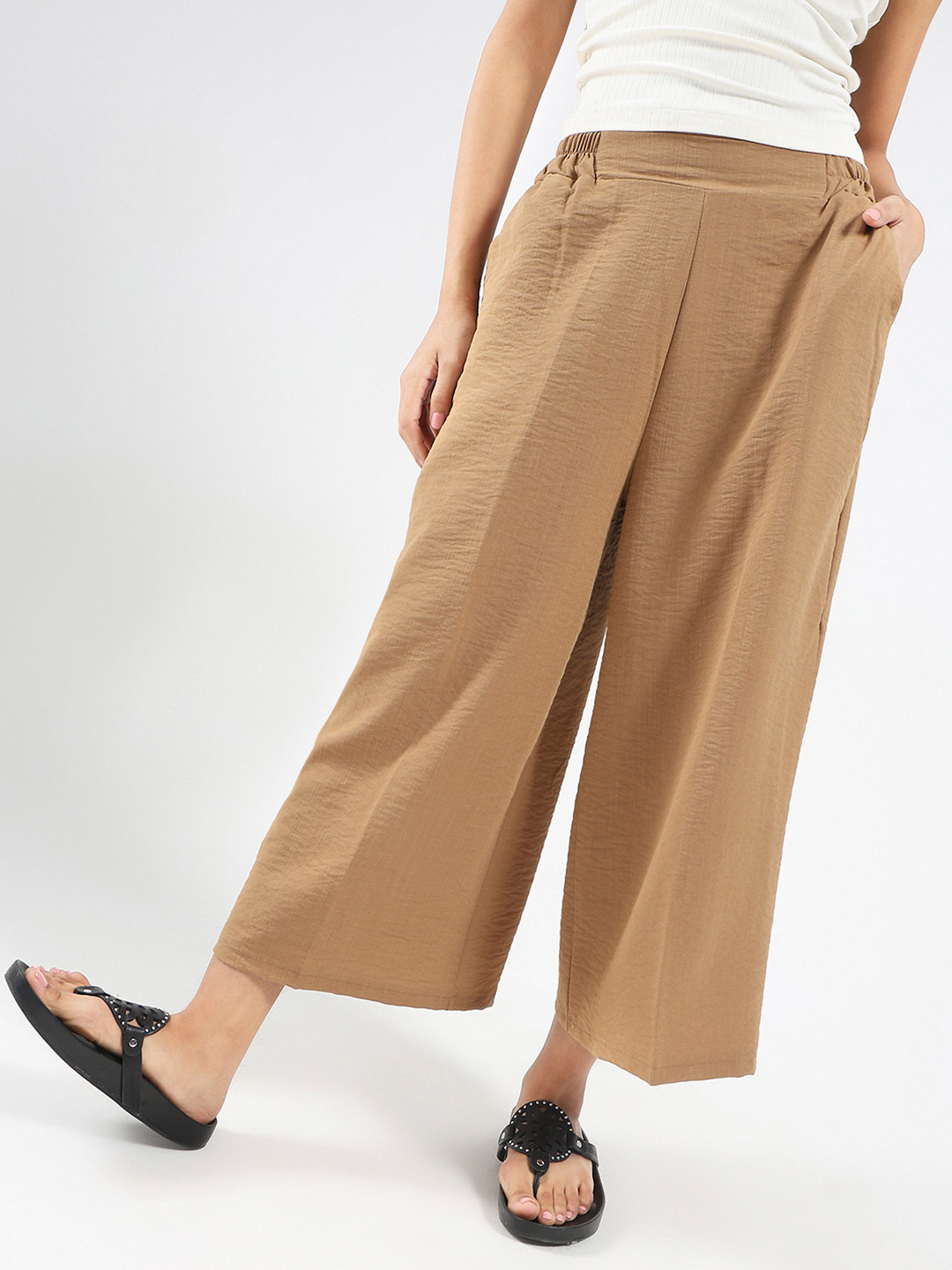 Beige High-Rise Wide Leg Flared Cropped Trousers