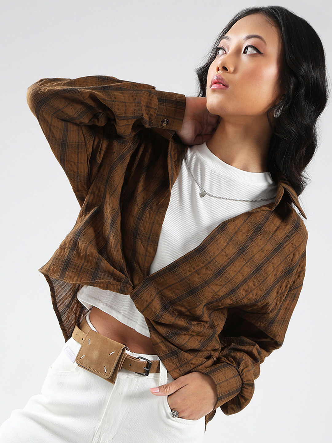 StyleCast X Sera Checkered Oversized Shirt & Tank Top With Necklace