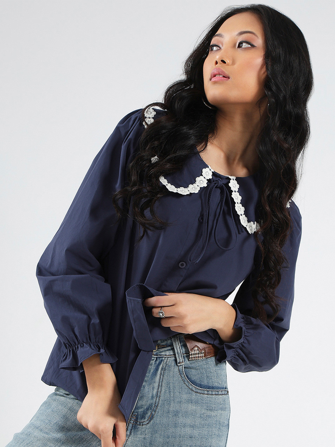 StyleCast X SERA Navy Peter Pan Collar with Floral Lace Oversize Shirt