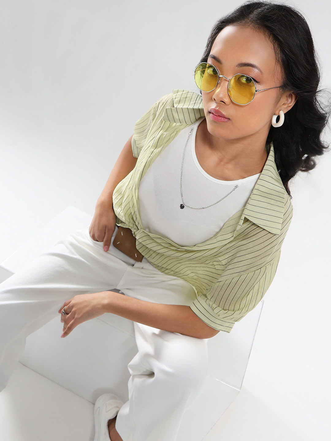 StyleCast X Sera Light Green Striped Oversized Shirt with Necklace and Inner Tank Top