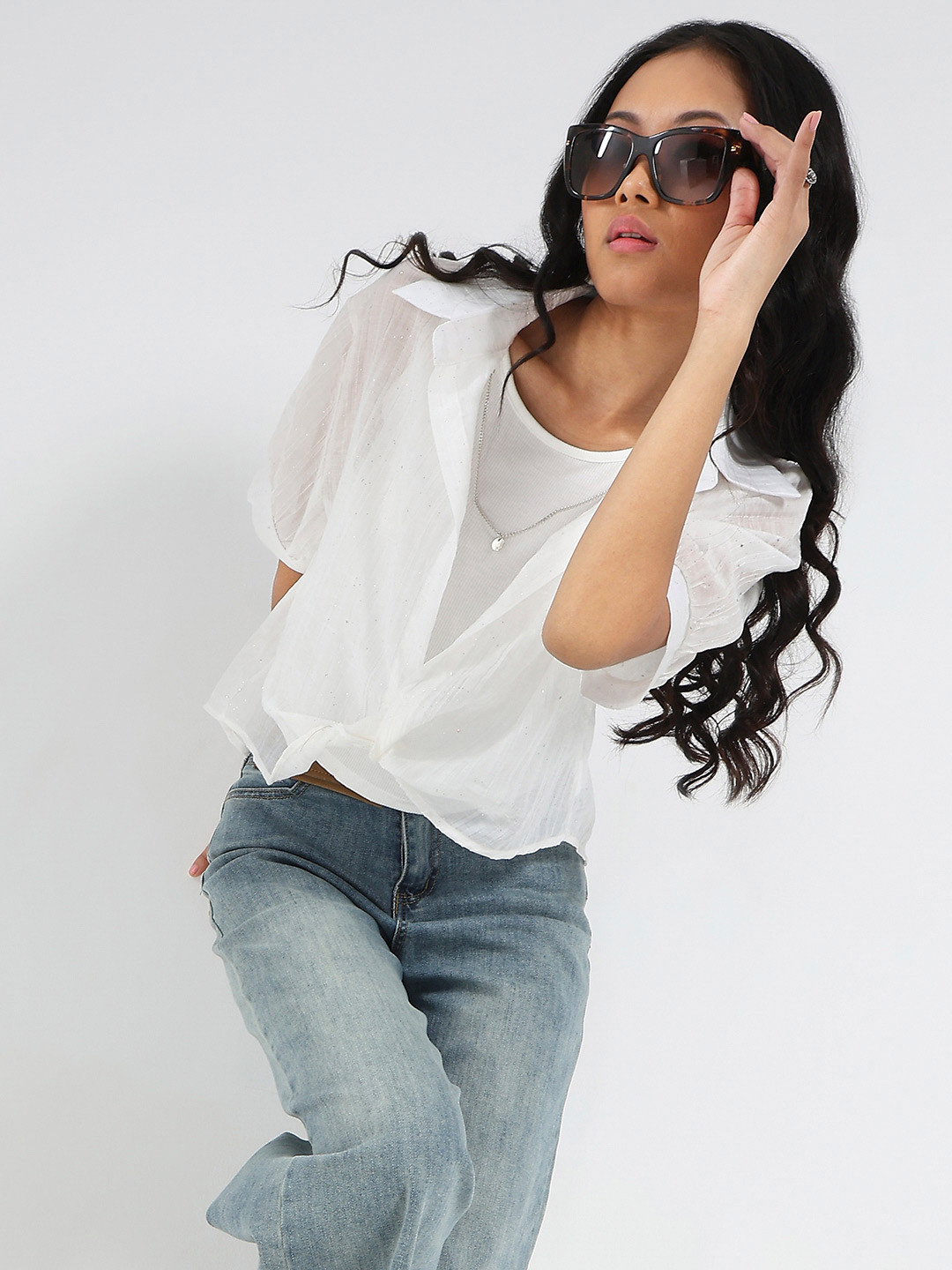 StyleCast X SERA Tencel Nylon Studded Oversized Shirt with Necklace & Tank Top