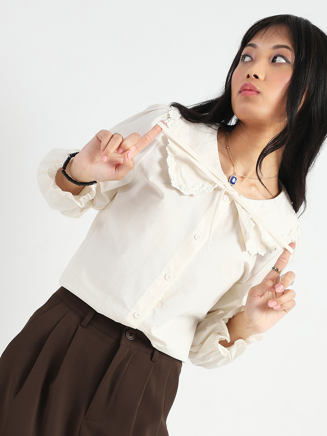 StyleCast X SERA Offwhite Peter Pan Collar Oversized Shirt with Floral Lace