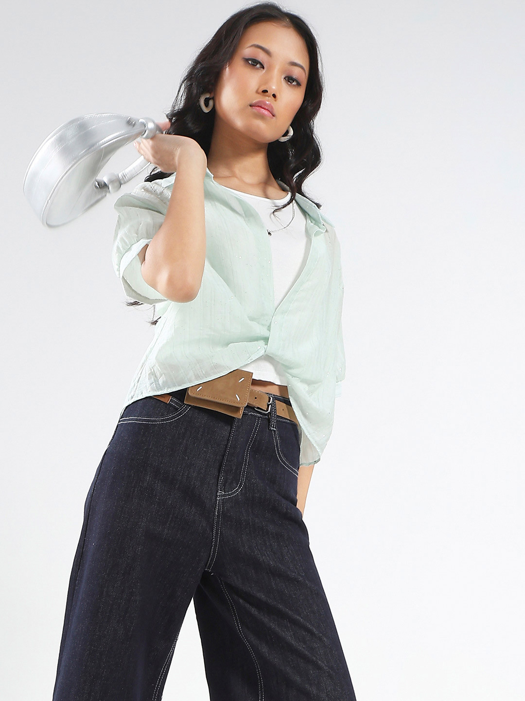 StyleCast X Sera Women Tencel Nylon Studded Oversized Shirt With Tank Top & Necklace