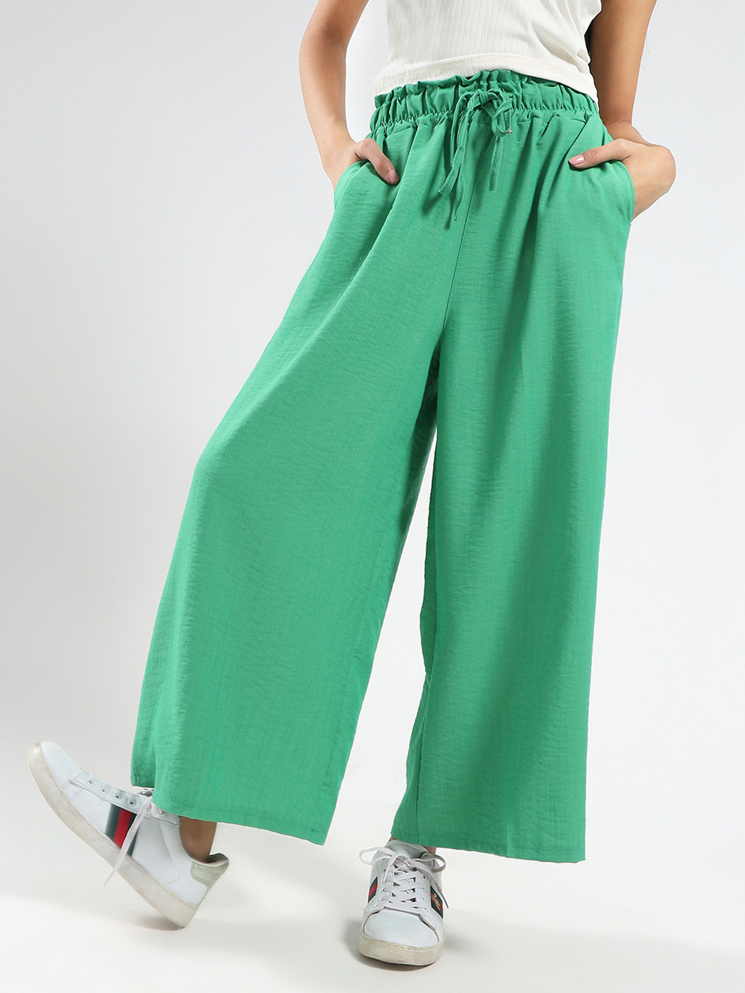 Green Relaxed Fit Mid-Rise Wide Leg Trousers