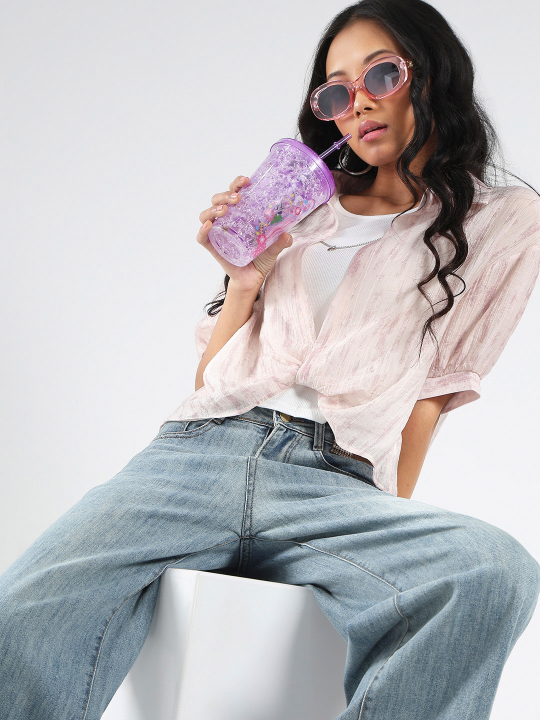 StyleCast X Sera Pink Tencel Nylon Oversized Shirt With Tank Top & Necklace