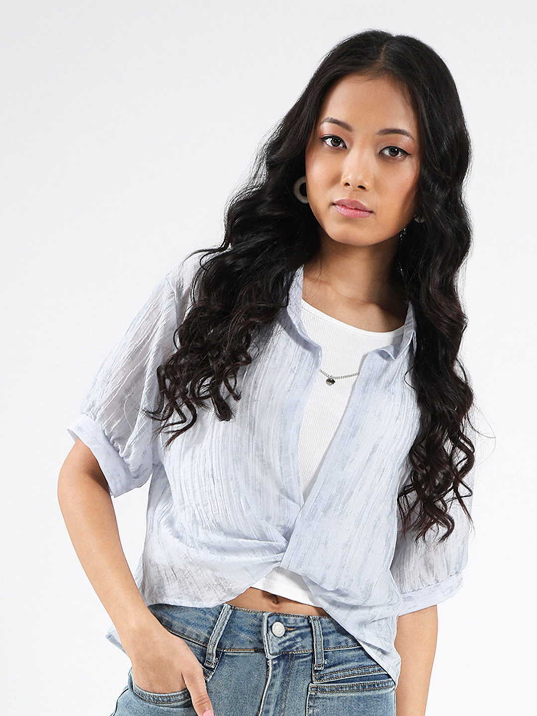 StyleCast X Sera Light Blue Oversized Shirt Style Top with Tank Top