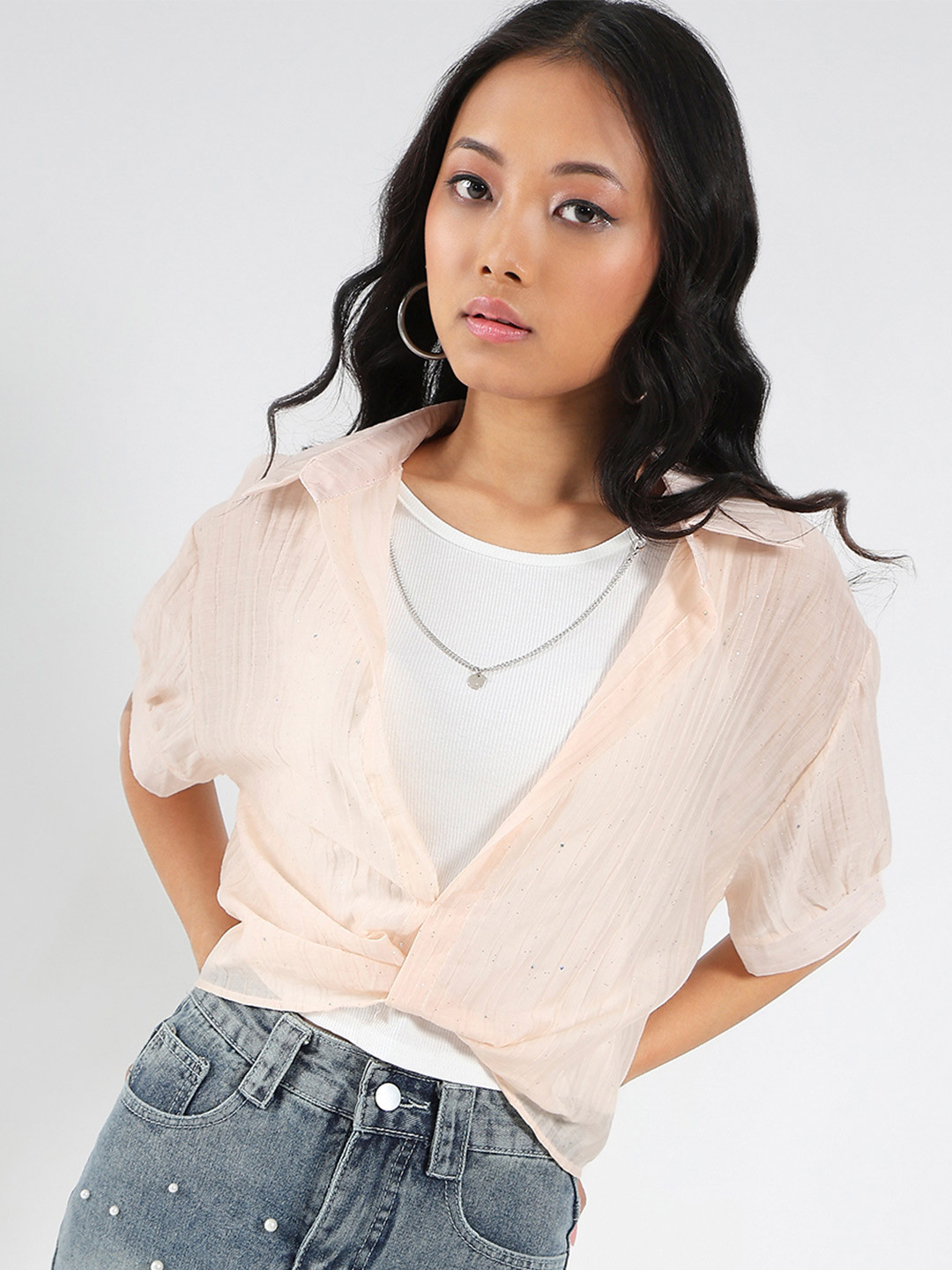 StyleCast X SERA Tencel Nylon Studded Oversized Shirt with Necklace and Tank Top
