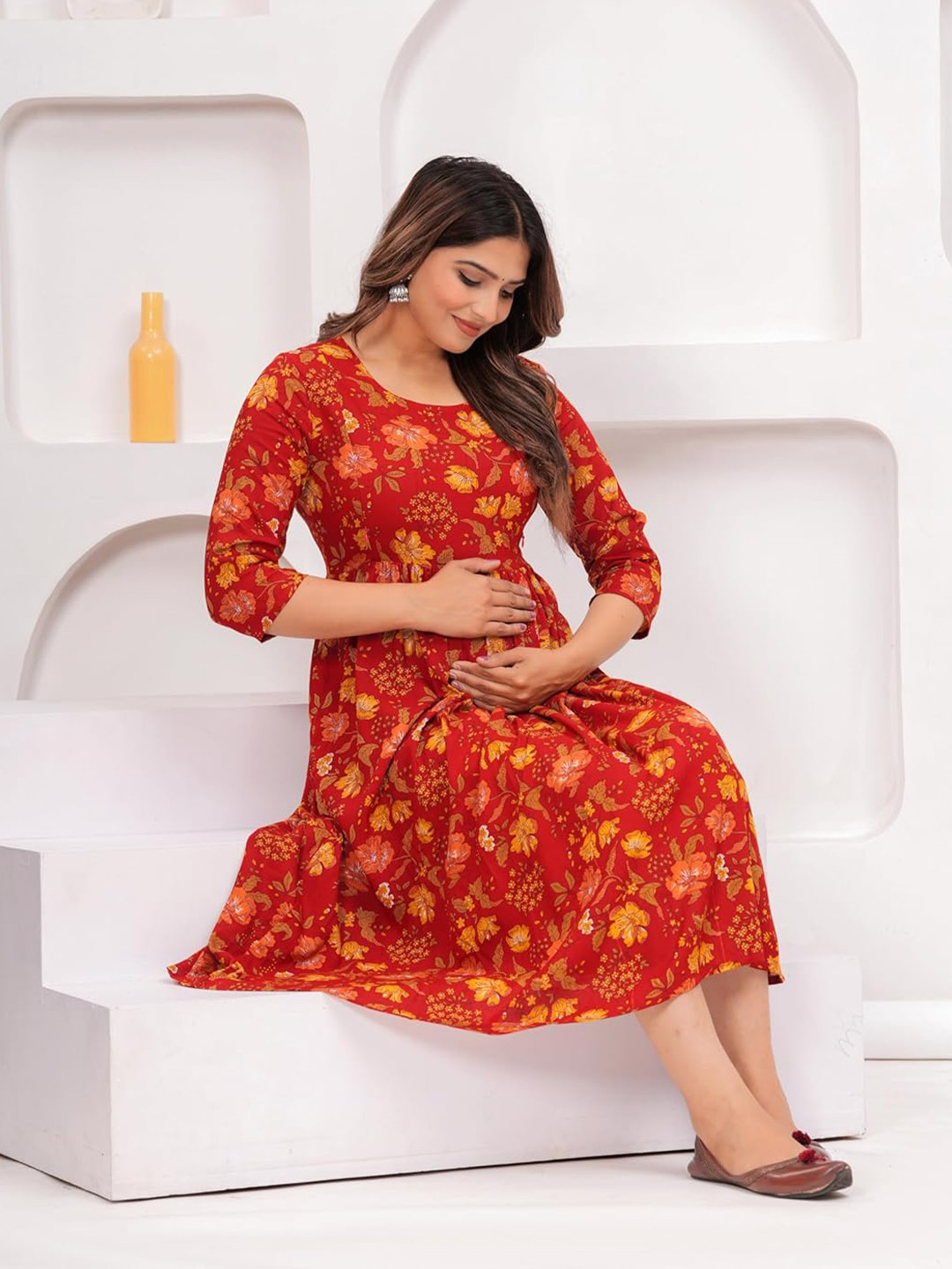 SILAKIVA Floral Printed Round Neck Maternity Anarkali Ethnic Dress