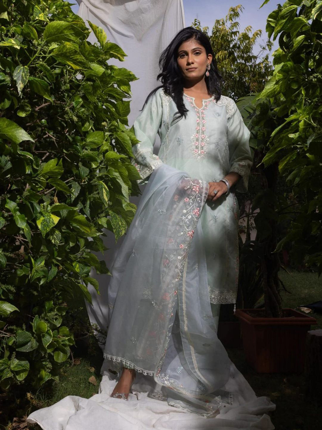 27 Drapes Women Embroidered Regular Pure Cotton Kurta with Trousers & With Dupatta