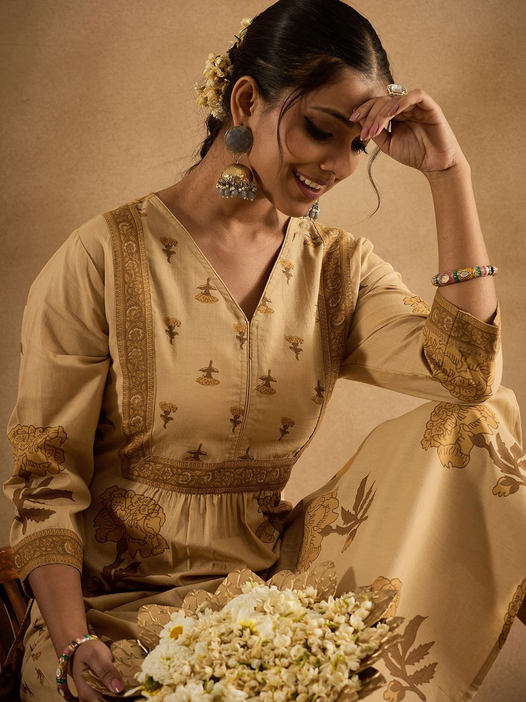 Indo Era Floral Printed V-Neck Pleated Pure Cotton A-Line Kurta With Trouser