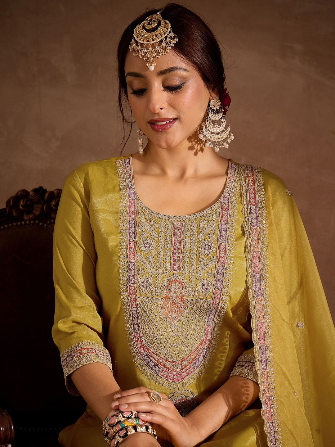 Indo Era Floral Yoke Design Thread Work Straight Kurta