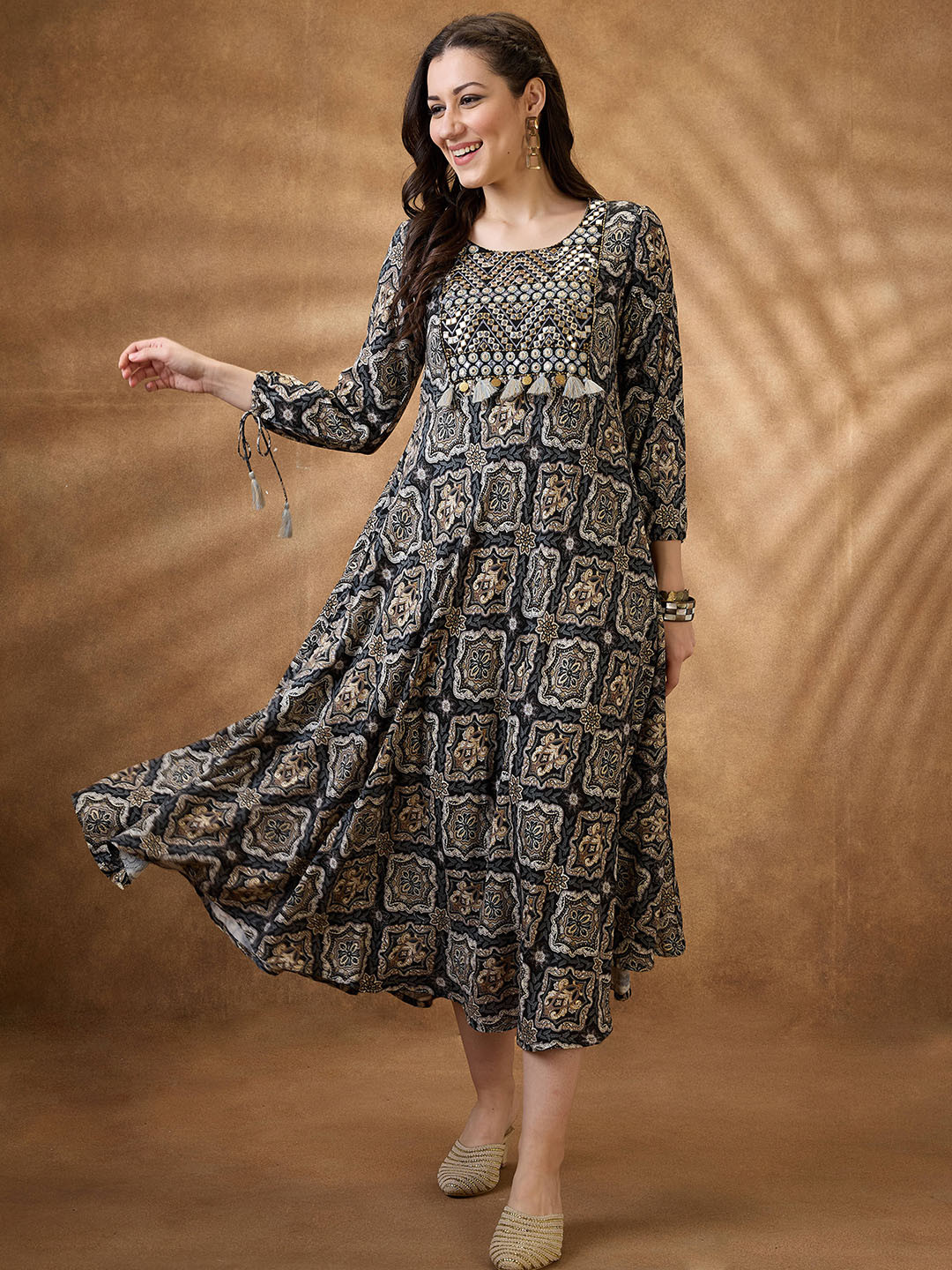 Globus Embroidered Yoke Tie-Up Sleeves Tassel & Coin Detail A-Line Midi Fusion Dress