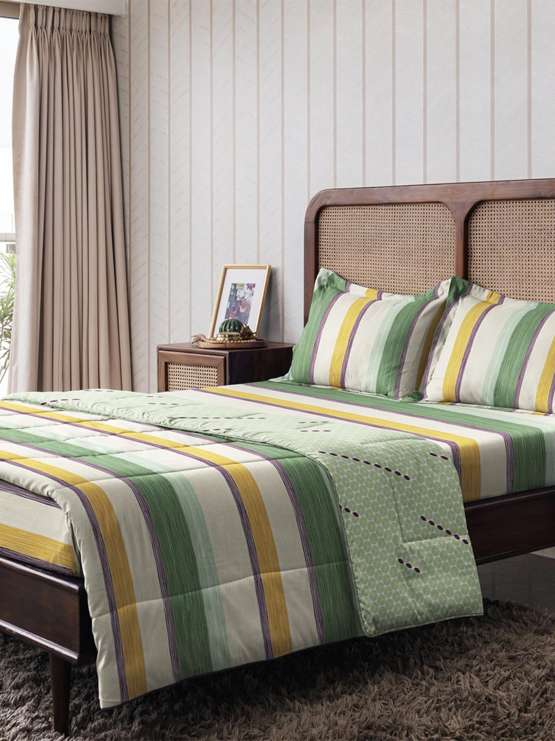 The Happy Pod Green & Yellow Stripe Pure Cotton King Bedding Set