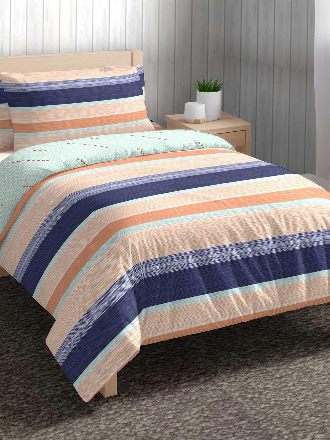 The Happy Pod Blue & Brown Stripe Pure Cotton Single Bedding Set
