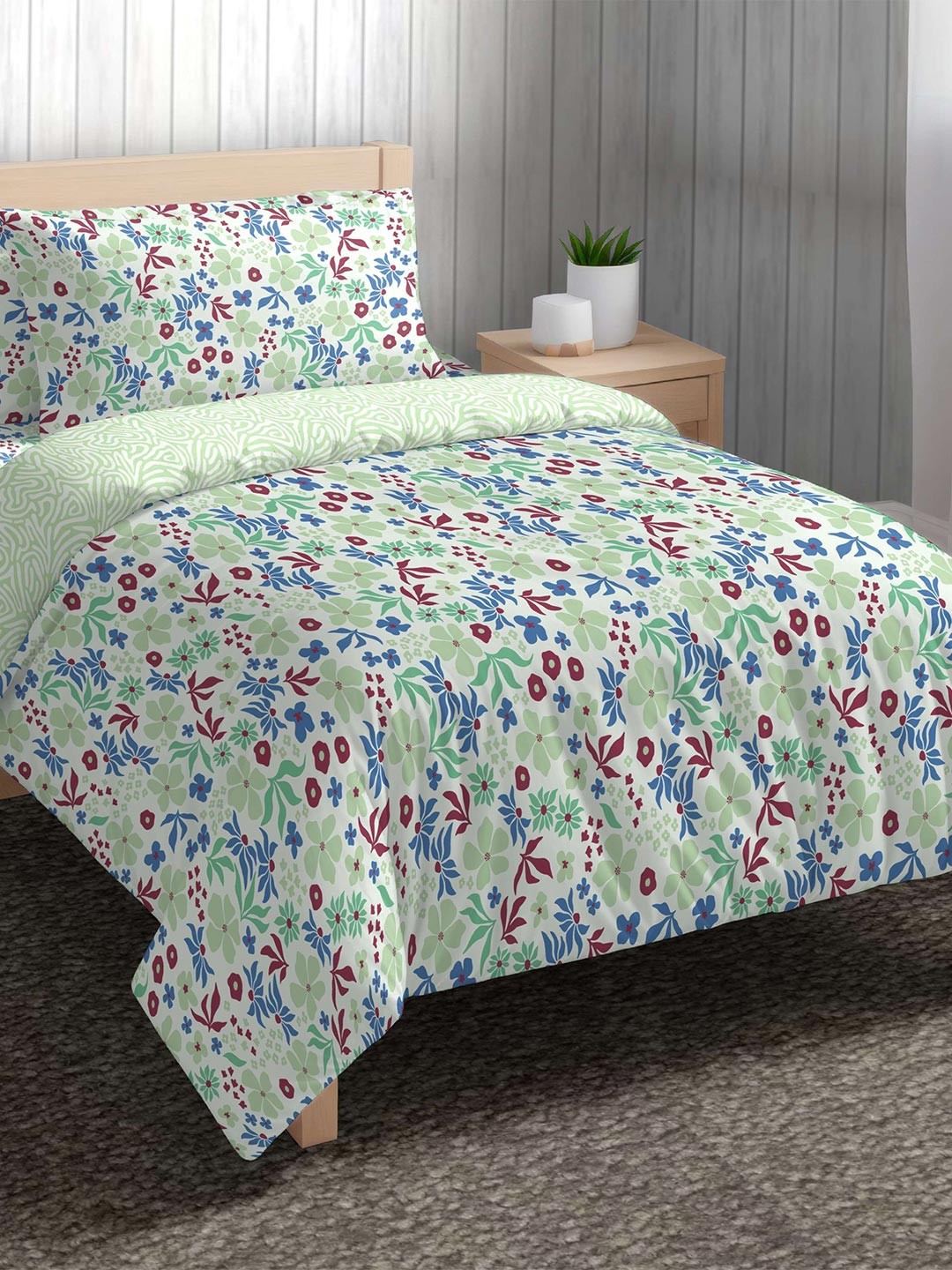 The Happy Pod Floral Pure Cotton Single Bedding Set - Comforter Bedsheet & 1 Pillow Cover