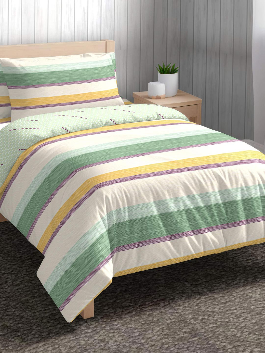 The Happy Pod Stripe Pure Cotton Single Bedding Set - Comforter Bedsheet &1 Pillow Cover