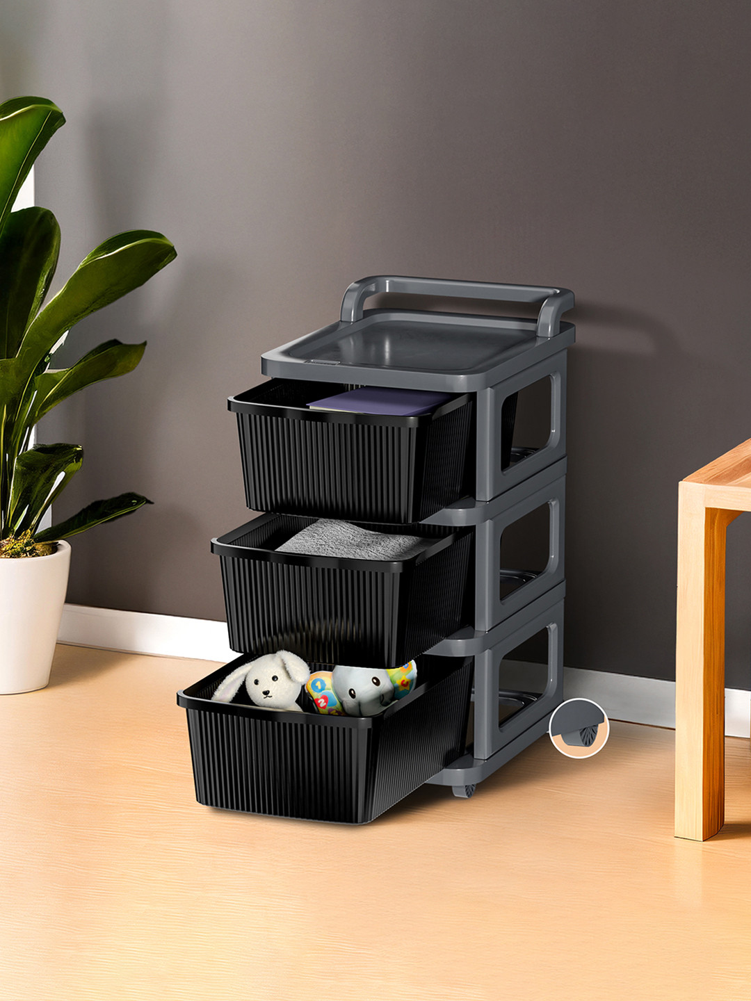 Kuber Industries Grey & Black 3 Layer Modular Cabinet Plastic Storage Drawer With Wheel