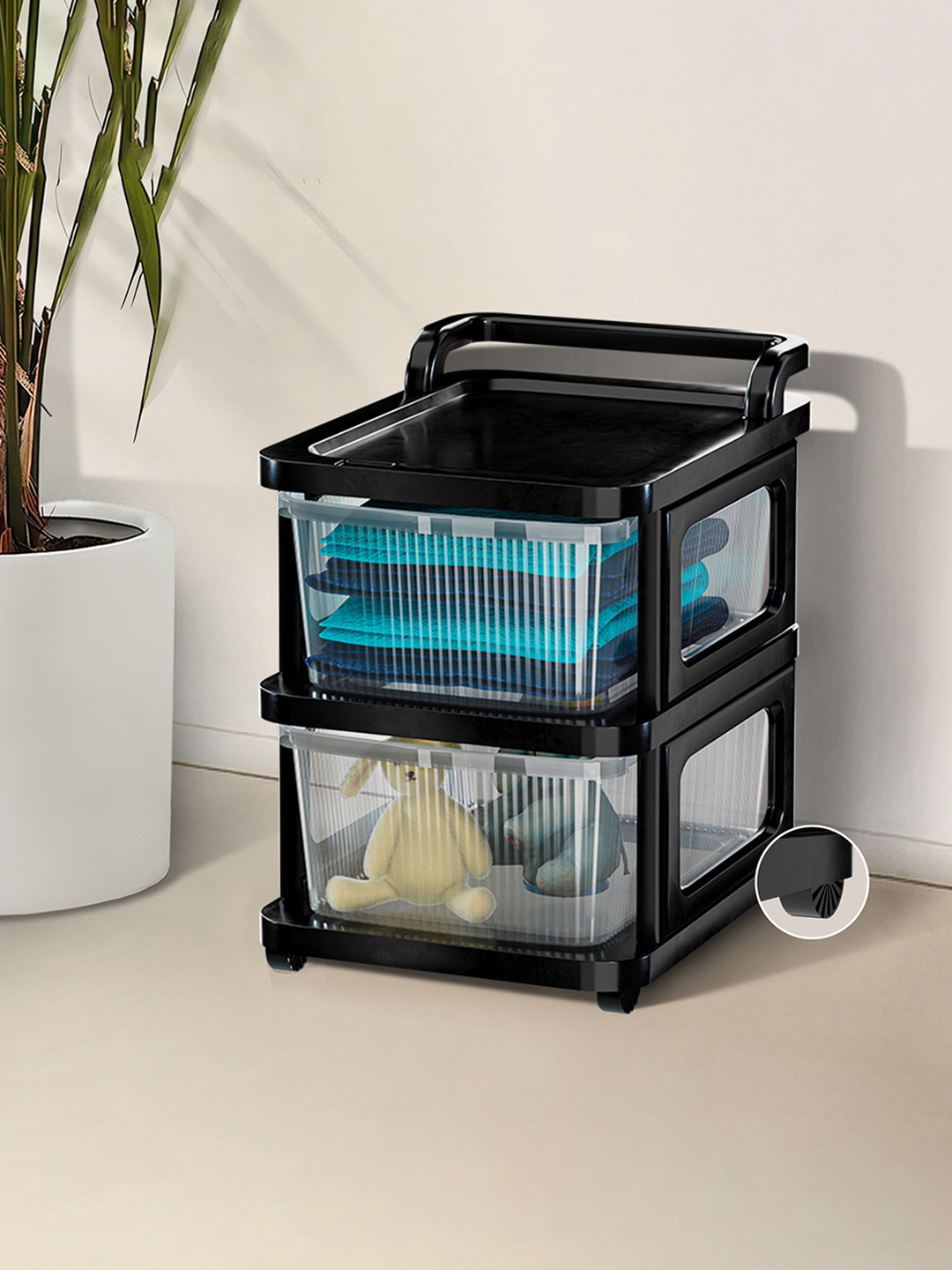Kuber Industries Black 2 Layer Modular Cabinet Plastic Storage Drawer with Wheels