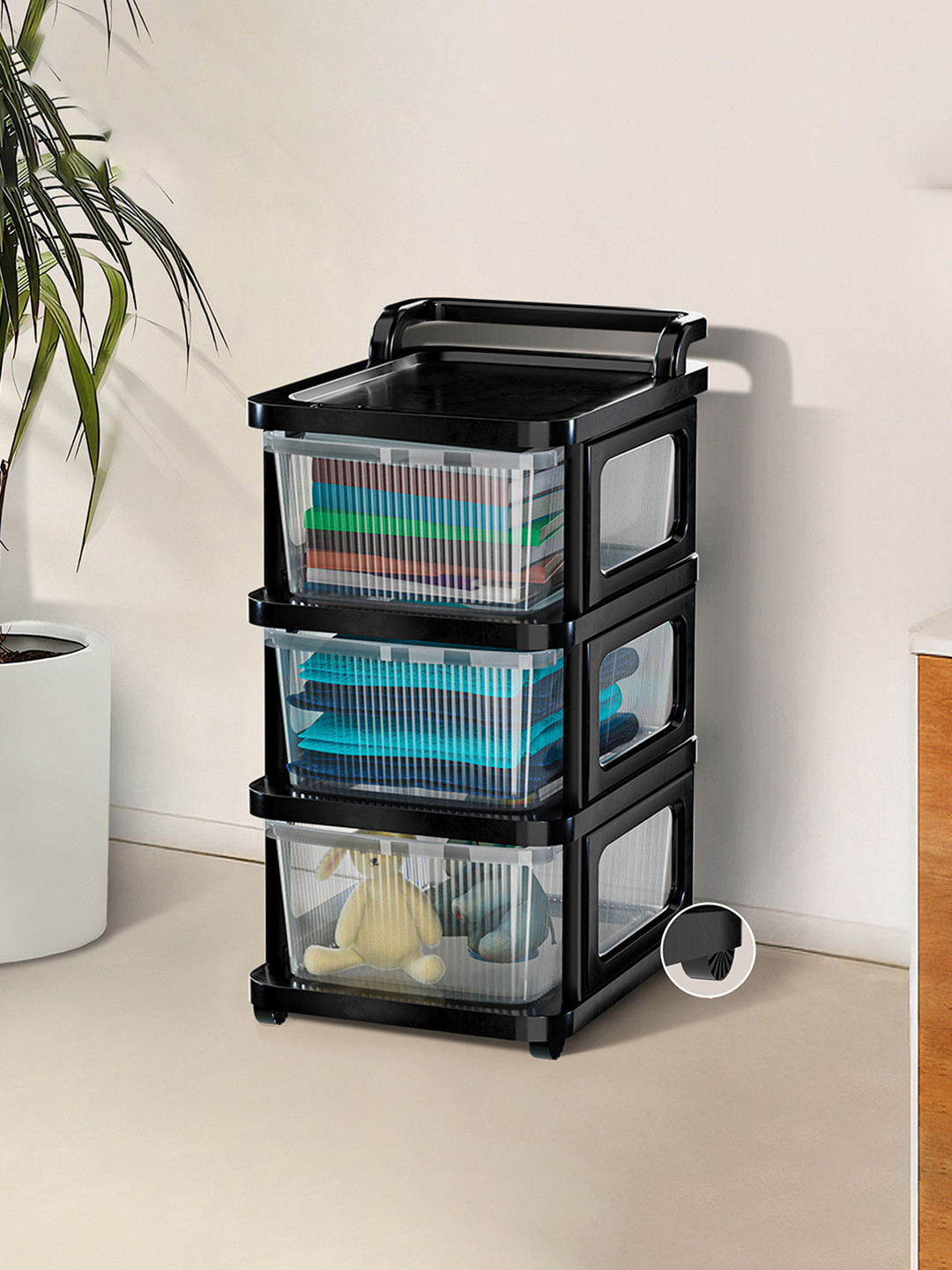 Kuber Industries Black 3 Layer Modular Cabinet Plastic Storage Drawer With Wheels