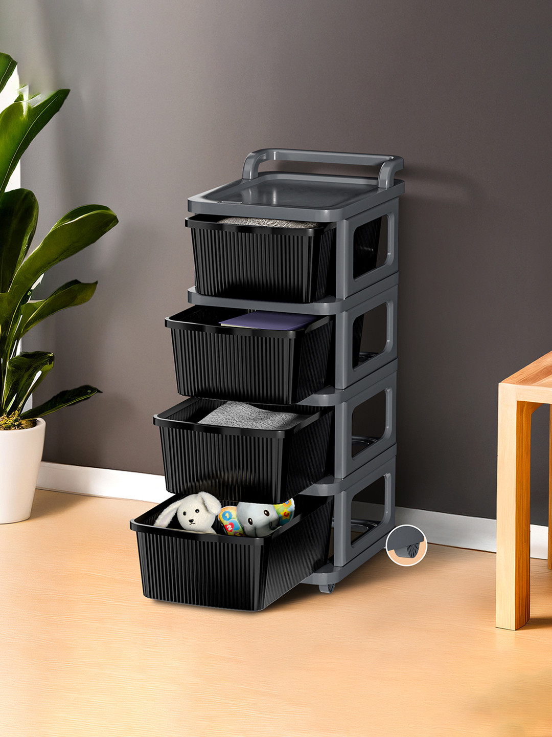 Kuber Industries Grey & Black 4 Layer Modular Cabinet Plastic Storage Drawer with Wheels