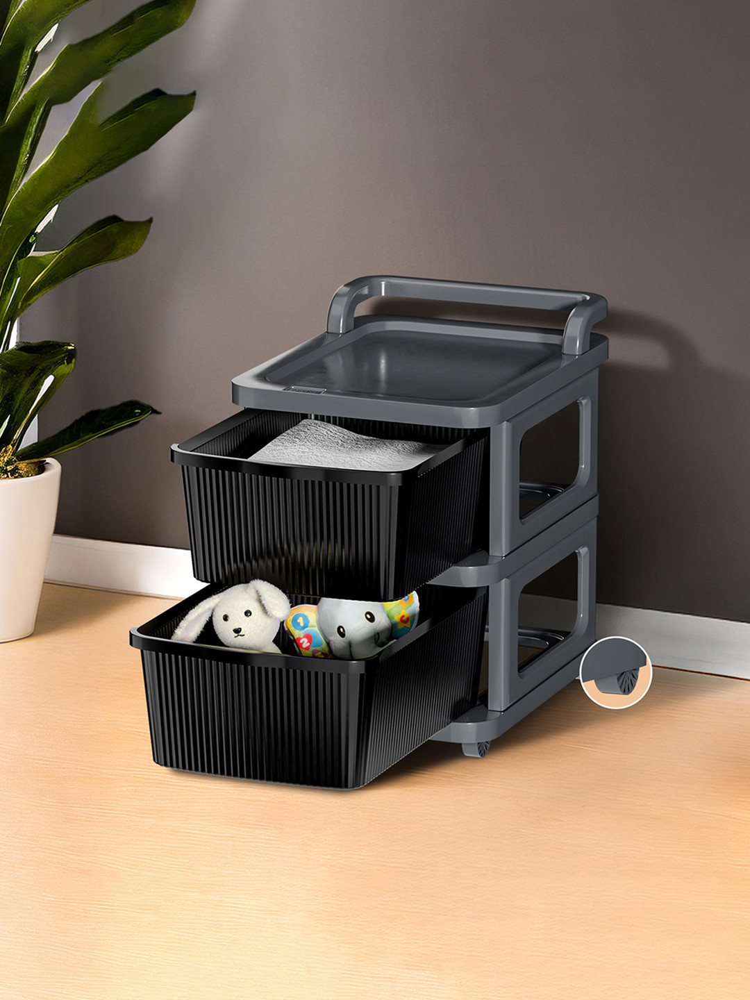 Kuber Industries 2 Layer Modular Cabinet Plastic Storage Drawer with Wheels Grey & Black