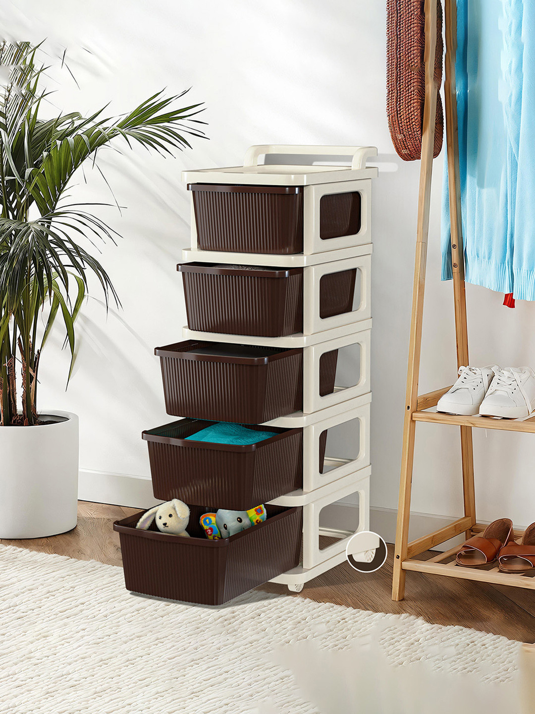 Kuber Industries Ivory Brown 5 Layer Plastic Modular Storage Drawer Organizer with Wheels