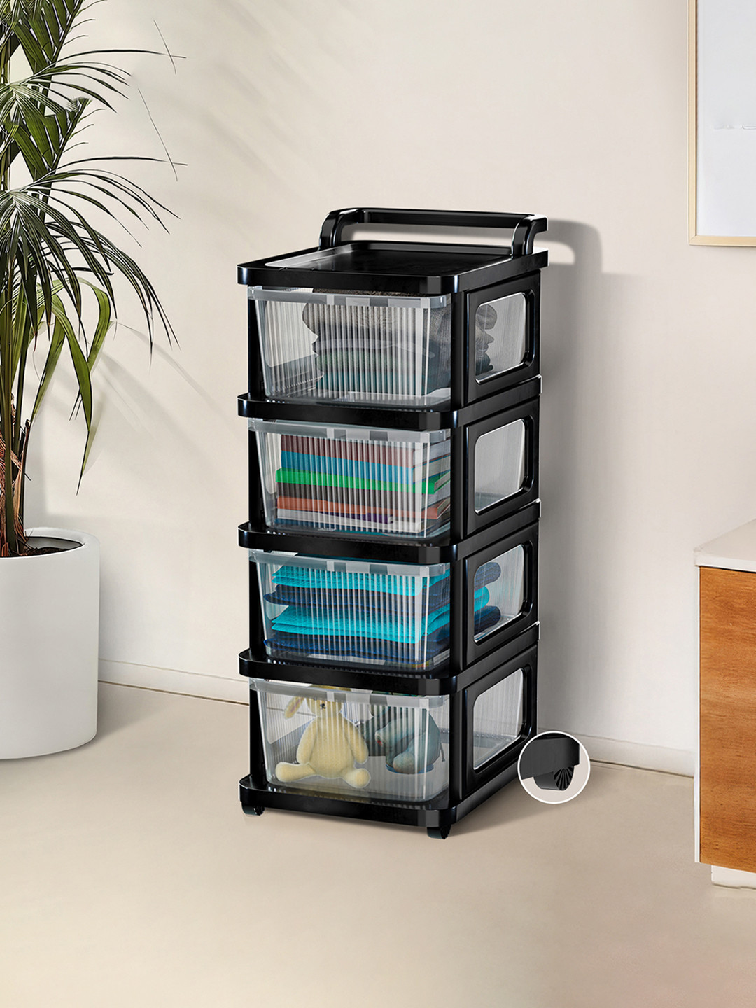 Kuber Industries Black 4 Layer Modular Cabinet Plastic Storage Drawer Wheels Transparent