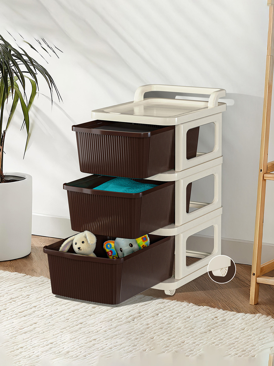 Kuber Industries Ivory Brown 3 Layer Plastic Modular Storage Drawer Organizer With Wheels