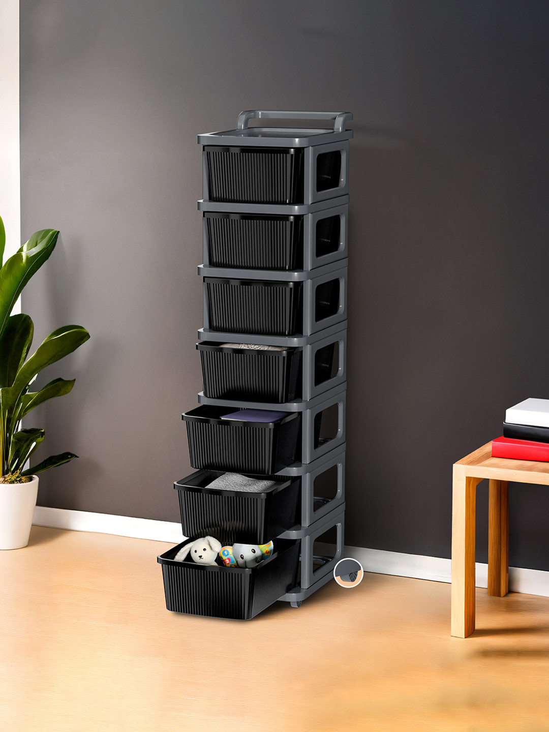 Kuber Industries Grey & Black 7 Layer Modular Cabinet Plastic Storage Drawer With Wheel