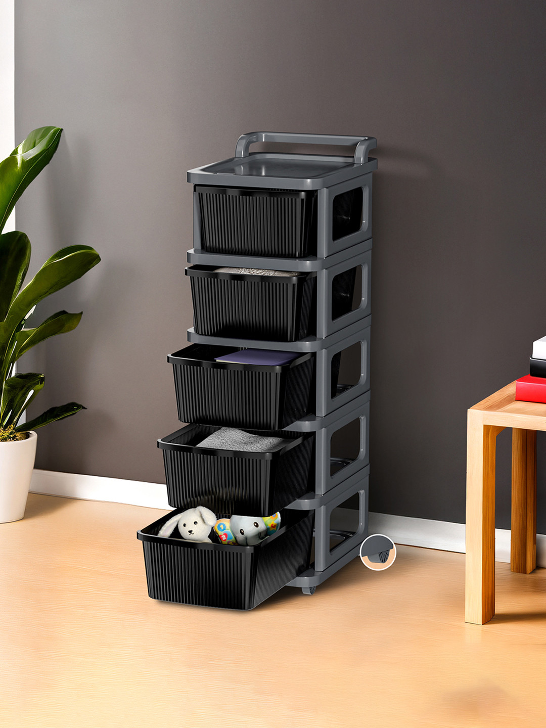 Kuber Industries Grey & Black 5 Layer Modular Cabinet Plastic Storage Drawer With Wheels