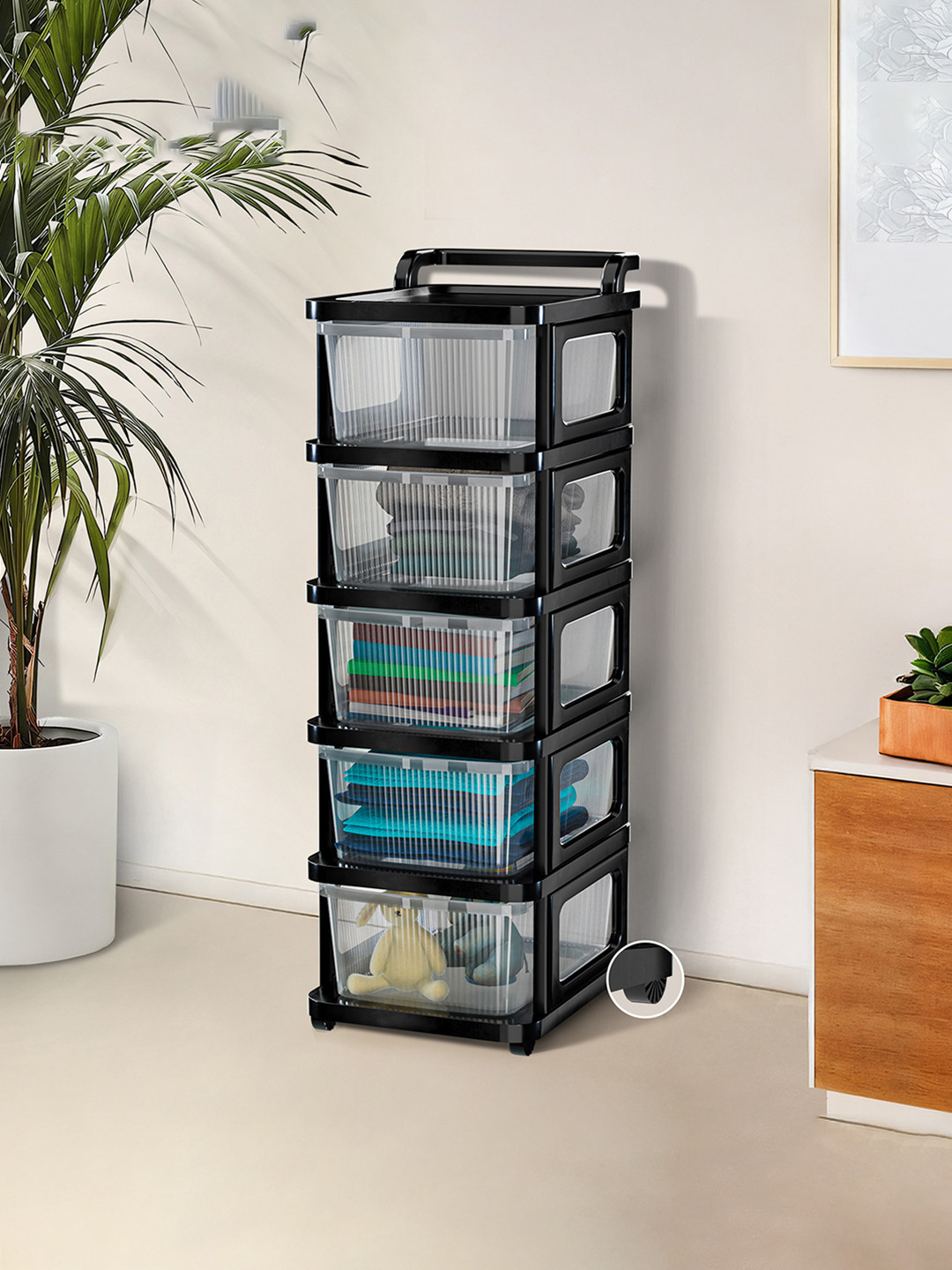 Kuber Industries Transparent Black 5Layer Heavy Modular Cabinet Storage Drawer with Wheels