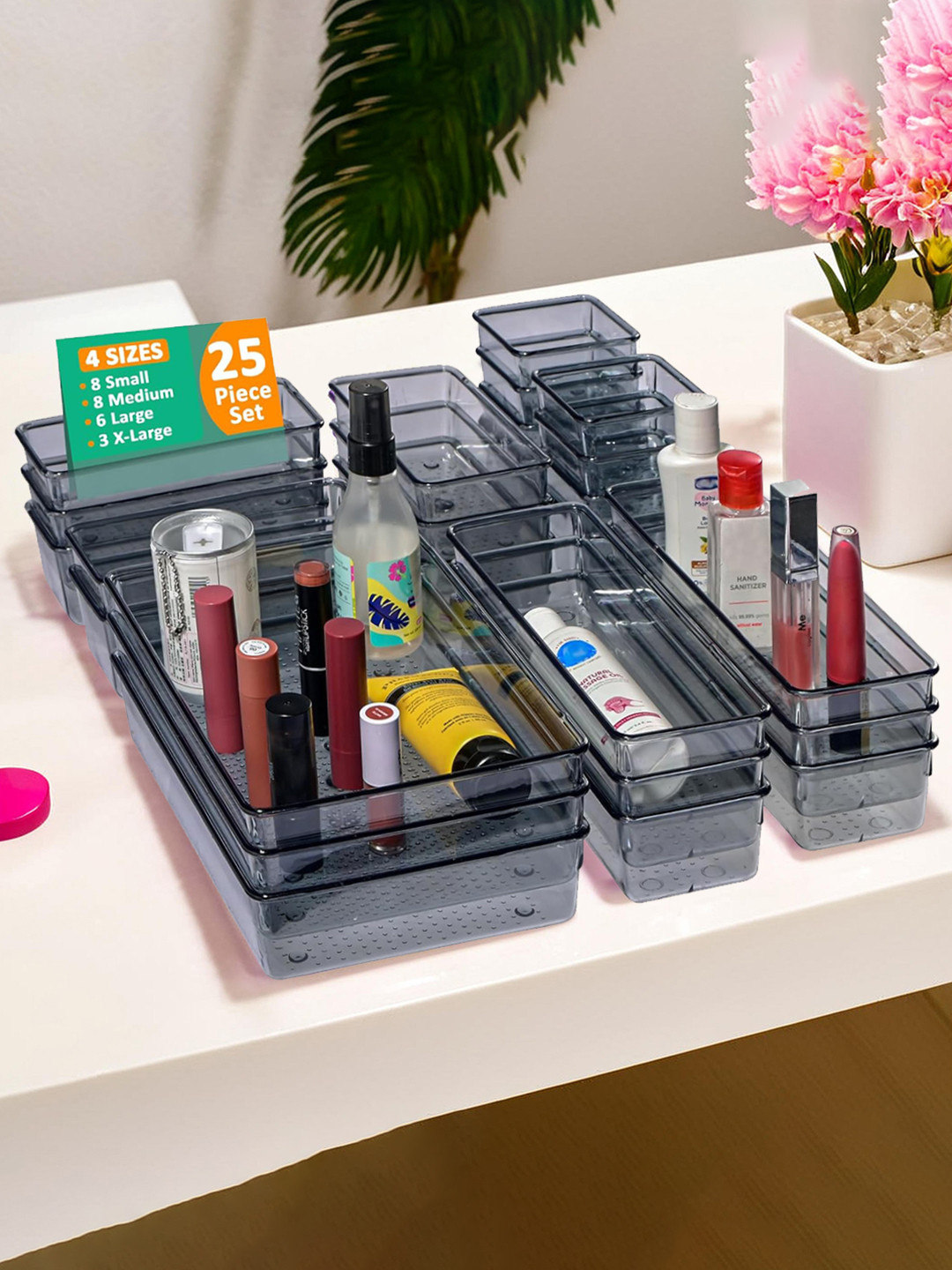 Kuber Industries Black 25 Pcs Transparent Cosmetic Vanity Makeup Drawer Organisers