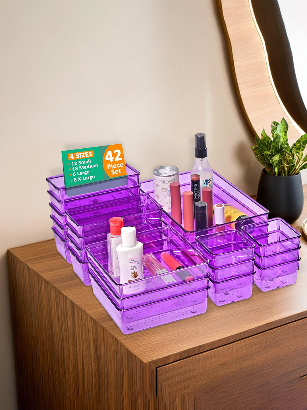 Kuber Industries Purple 42 Pcs Transparent Cosmetic Vanity Makeup Drawer Organisers